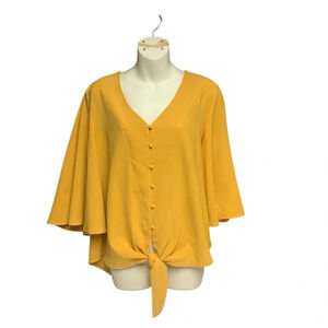 Marigold colored bell sleeve shirt size large button down front tie no brand